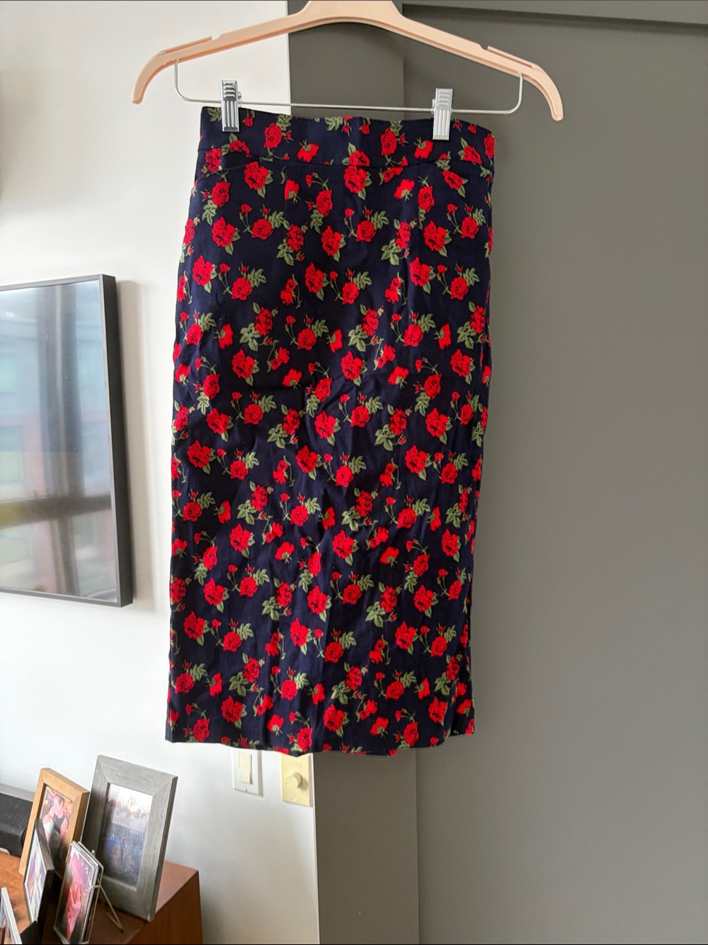 Navy Pencil Skirt with Red Floral Print